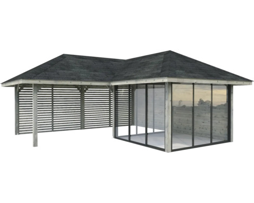 Pavillon mit Holzrahmen, Glaswänden und Dach