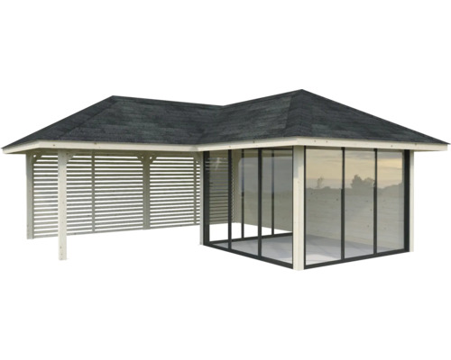 Pavillon mit Lamellenwand und Glaselementen