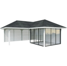 Pavillon mit Glas und Lamellenwänden