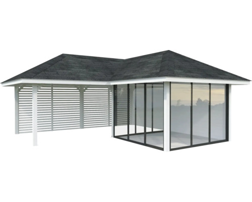 Pavillon mit Glas und Lamellenwänden