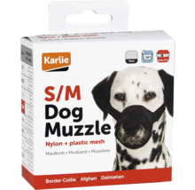 Karlie Hunde Maulkorb aus Nylon und Kunststoff-Mesh, Größe S/M, abgebildet auf der Verpackung mit einem Dalmatiner