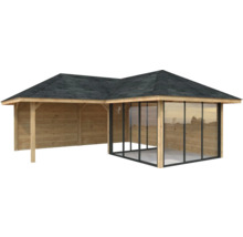 Holzpavillon mit Glaswänden und Dachschindeln