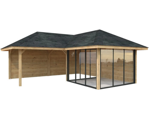 Holzpavillon mit Glaswänden und Dachschindeln