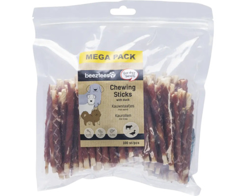 Hundesnack beeztees Kausticks mit Ente Megapack 12,5cm 100 Stk Kauartikel Beutel mit Beetztees Kaustreifen mit Ente für Hunde, Mega Pack, 100 Stück