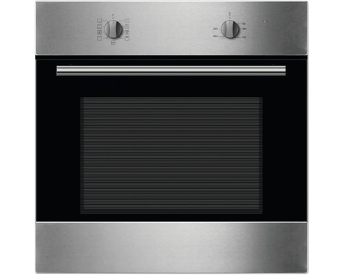 Edelstahl Einbaubackofen mit schwarzer Glastür und Drehknöpfen