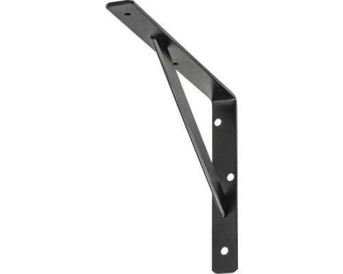 Schwarze Regalstütze aus Metall mit Bohrlöchern zur Befestigung