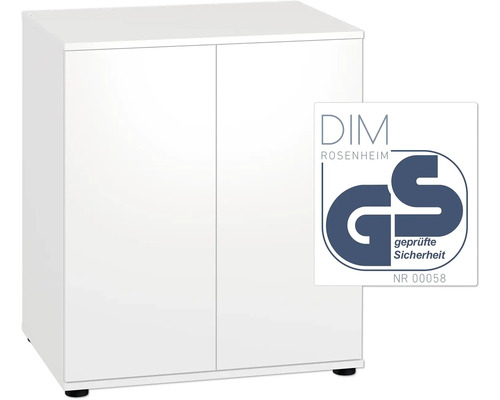 Weißer Badezimmerschrank mit zwei Türen und GS Siegel für geprüfte Sicherheit