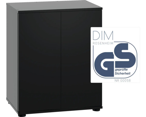 Schwarzer Unterschrank mit zwei Türen und GS Zeichen für geprüfte Sicherheit