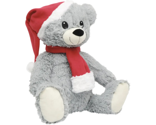 Grauer Teddybär mit Weihnachtsmütze und Schal