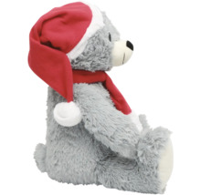Grauer Teddybär mit Weihnachtsmütze und Schal