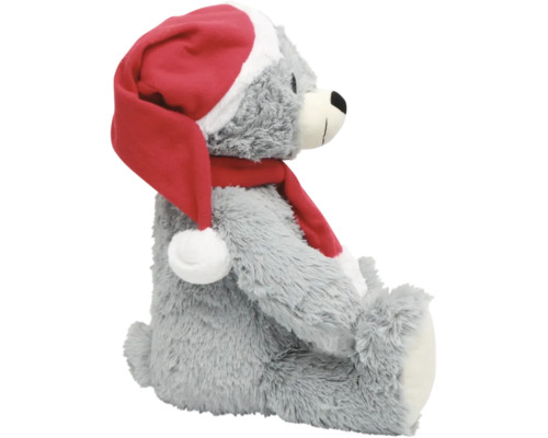 Grauer Teddybär mit Weihnachtsmütze und Schal