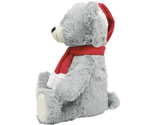 Grauer Plüschbär mit Weihnachtsmütze und Schal