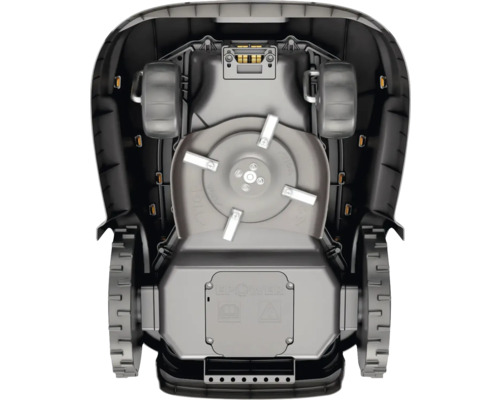 Unterseite eines Rasenmähroboters mit Schneidwerk und Rädern