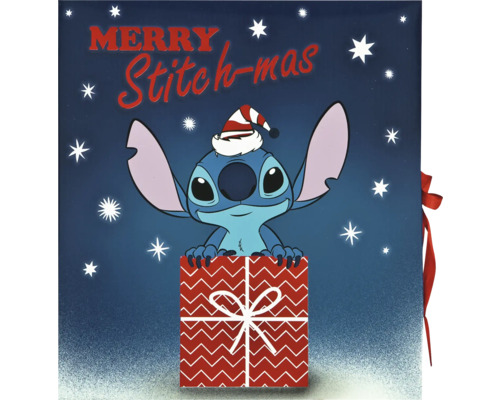 Dekoration mit Stitch Figur in Geschenkverpackung mit der Aufschrift Merry Stitch-mas
