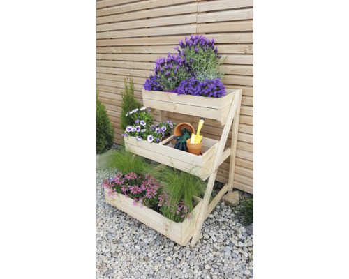 Pflanztreppe mit Kästen aus Holz 80 x 75 x 100 cm creme Dreistufiges Pflanzenregal aus Holz mit Blumen und Gartengeräten