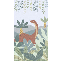 Illustration eines Dinosauriers mit Pflanzen und Palmen