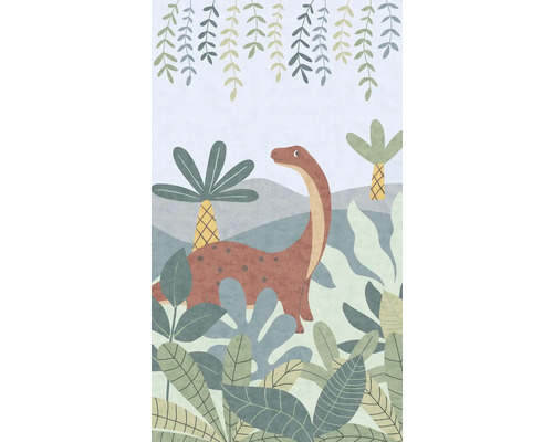 Illustration eines Dinosauriers mit Pflanzen und Palmen