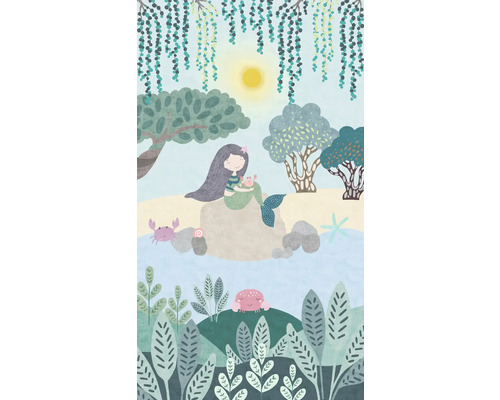 Illustration einer Meerjungfrau mit Krabben am Strand unter Bäumen und der Sonne.
