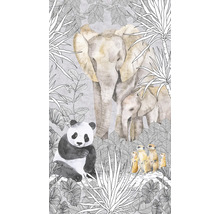 Illustration einer Elefantenfamilie, eines Pandas und Erdmännchen im Dschungel