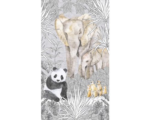 Illustration einer Elefantenfamilie, eines Pandas und Erdmännchen im Dschungel