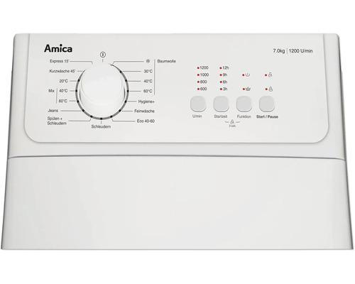 Bedienfeld einer Amica Waschmaschine mit Programmwähler und Tasten