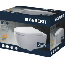 Verpackung eines spülrandlosen Geberit Icon Wand-WC-Sets mit Absenkautomatik