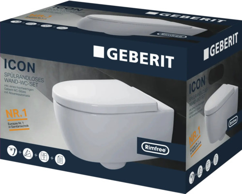 Verpackung eines spülrandlosen Geberit Icon Wand-WC-Sets mit Absenkautomatik
