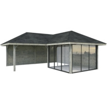 Holzpavillon mit Glasfront und Dach