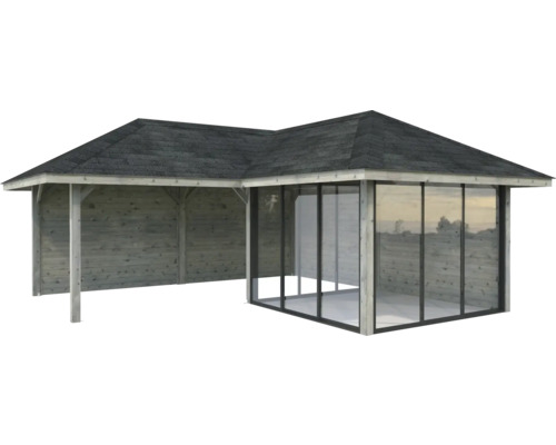 Holzpavillon mit Glasfront und Dach