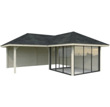 Holzpavillon mit Glasfront und Dach