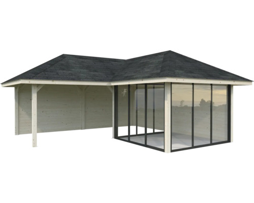 Holzpavillon mit Glasfront und Dach