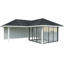 Gartenhaus mit Glasfront und überdachter Terrasse