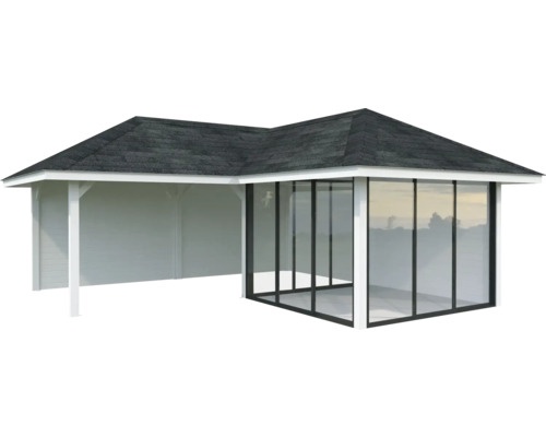 Gartenhaus mit Glasfront und überdachter Terrasse