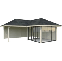 Holzpavillon mit Dach und Fensterfront