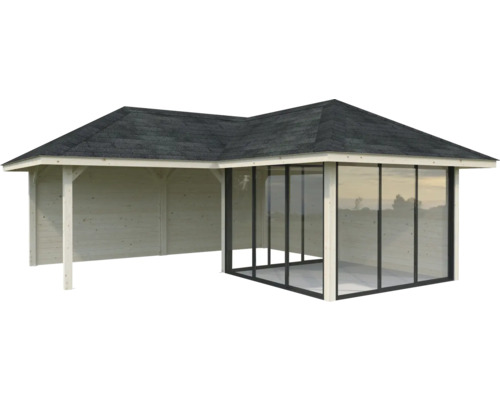 Holzpavillon mit Dach und Fensterfront