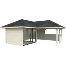 Holzgartenhaus mit Glasschiebetür und Dach