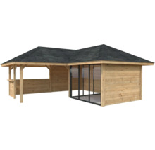 Holzpavillon mit Dach und Glaselementen für den Garten