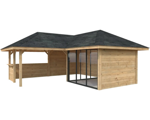 Holzpavillon mit Dach und Glaselementen für den Garten
