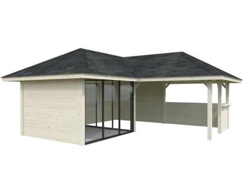 Holz Gartenhaus mit Flachdach und Glasschiebetüren