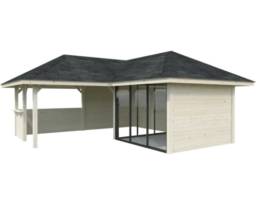Gartenhaus mit überdachter Terrasse und Glasfront