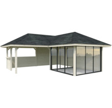 Holzpavillon mit Glasschiebewand und Dach