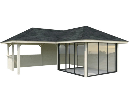 Holzpavillon mit Glasschiebewand und Dach