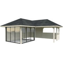 Holzpavillon mit Fenstern und Dach