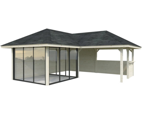 Holzpavillon mit Fenstern und Dach
