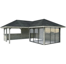 Gartencorner Lounge mit Glasfront und Holzwänden