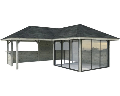 Gartencorner Lounge mit Glasfront und Holzwänden