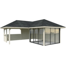 Holzpavillon mit Glaswand und Dach