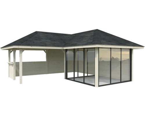 Holzpavillon mit Glaswand und Dach