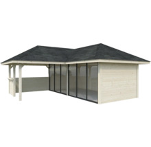 Holzgartenhaus mit Glasfront und dunklem Dach