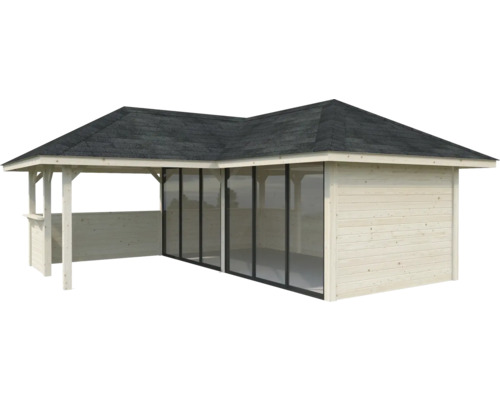 Holzgartenhaus mit Glasfront und dunklem Dach